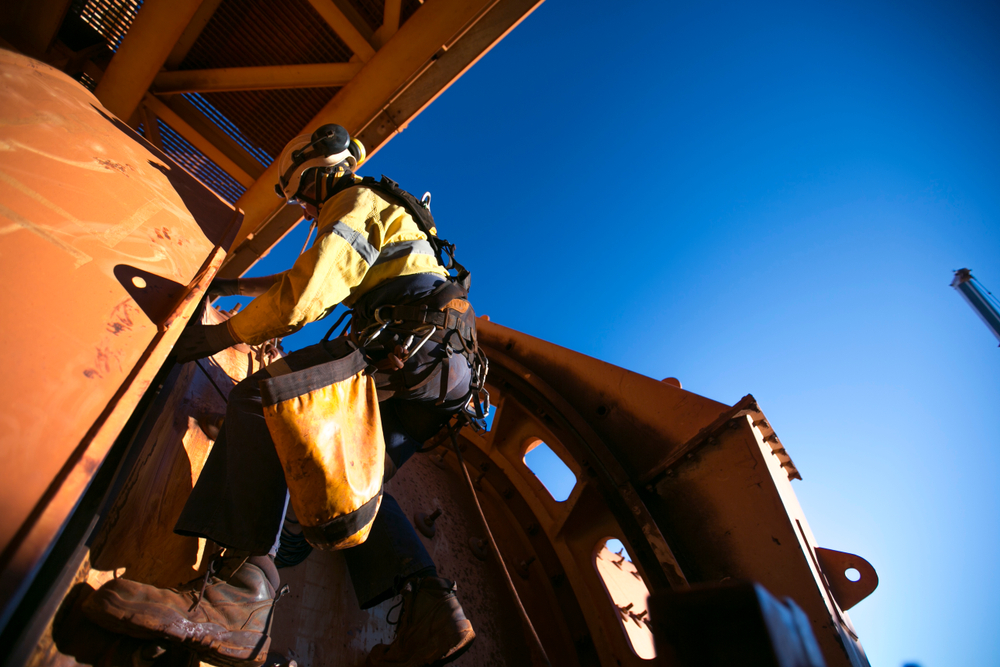 Rope,Access,Miner,Worker,Wearing,Hard,Hat,,Fully,Safety,Equipment
